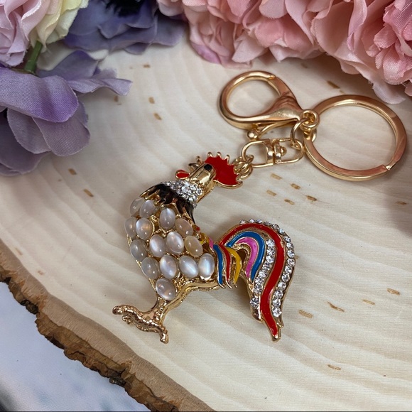 Colorful Crystal and Pearl Rooster on a Keychain - Picture 5 of 7